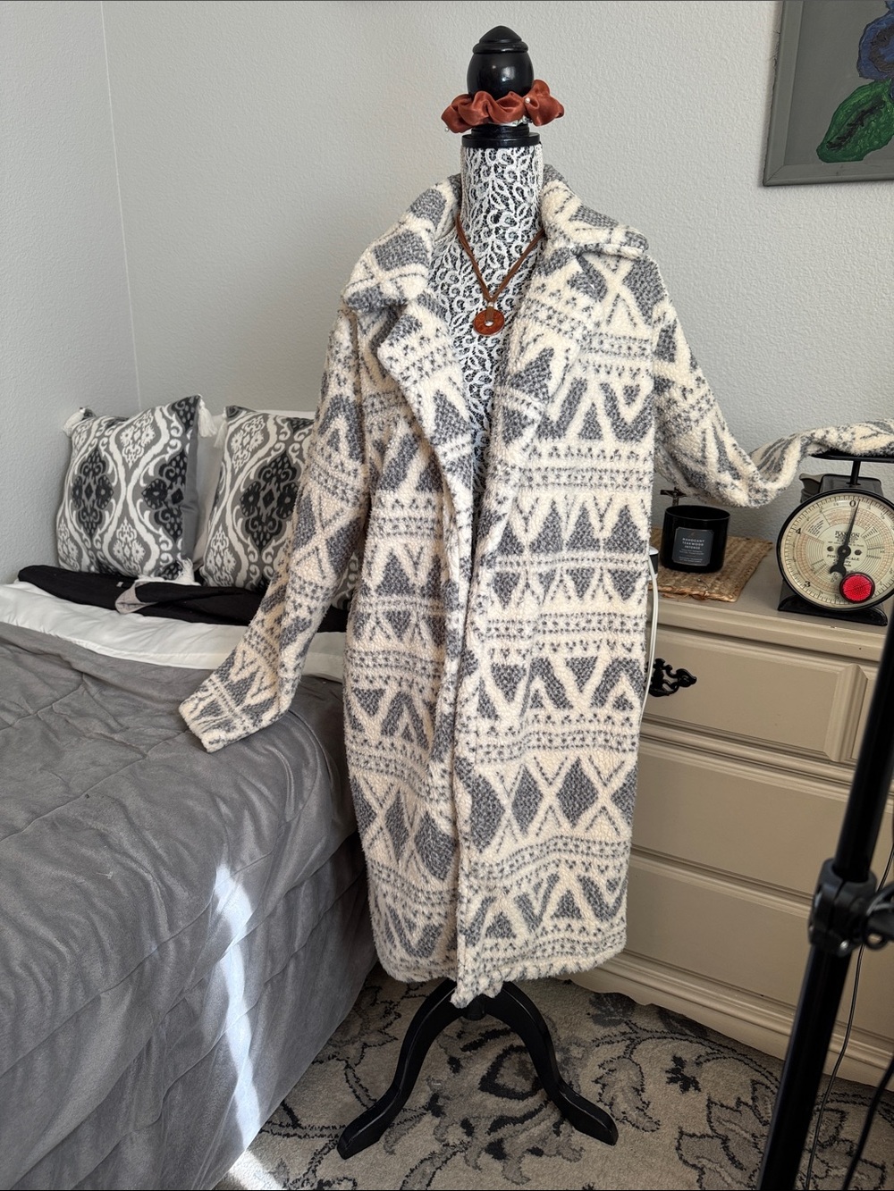 Billabong Cream & Gray Patterned Open-Front cozy warm Sherpa Long Cardigan Sz xl